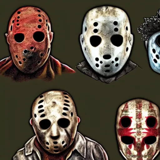 Prompt: photorealistic JasonVoorhees, Freddy Krueger, Leatherface and Ghostface posing for a family picture together