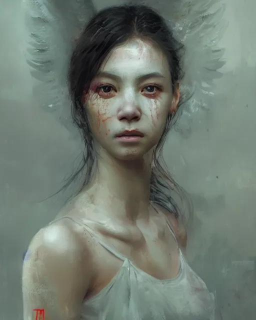 Image similar to detailed portrait of girl with asian eyes, angel, wings, elite, elegant, luxury, by ismail inceoglu dragan bibin hans thoma greg rutkowski alexandros pyromallis nekro rene maritte illustrated, perfect face, fine details, realistic shaded, fine - face, pretty face