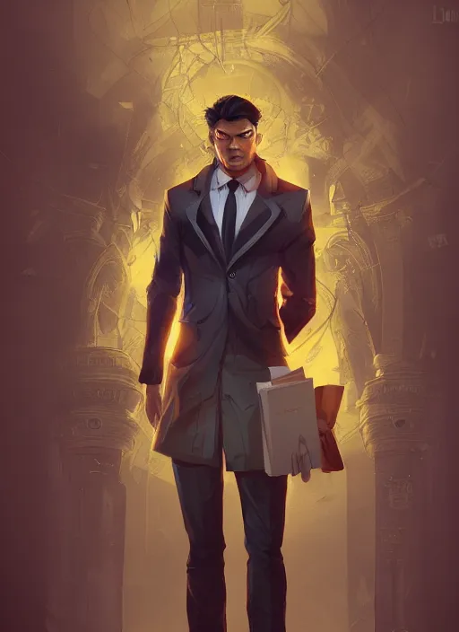 Image similar to a highly detailed illustration of Daniel Matsunaga as serious detective wearing detective coat, glowing yellow eyes, dramatic standing holding closed book pose, muscular, intricate, elegant, highly detailed, centered, digital painting, artstation, concept art, smooth, sharp focus, league of legends concept art, WLOP