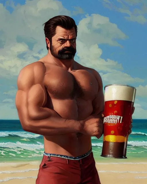 Prompt: gigachad ron swanson bodybuilder holding a keg of beer in final fight beach by ilya kuvshinov, ernest khalimov body by krista sudmalis, fantasy character portrait, ultra realistic, concept art, intricate details, elegent, digital painting, smooth, sharp focus, illustration, art by artgerm and greg rutkowski and alphonse mucha, artstation