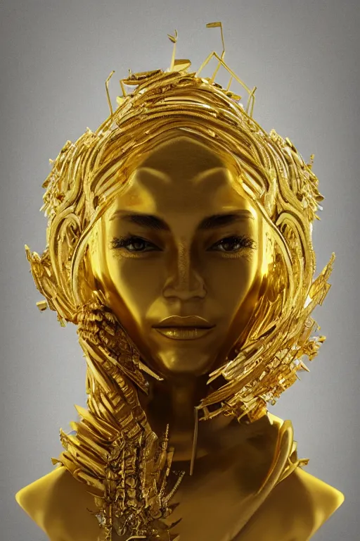 Image similar to sculpture made of gold, portrait, future, shaman, gold, close up, harper's bazaar, vogue, magazine, concept art, ornate, luxury, elite, elegant, trending on artstation, by ruan jia, by Kenneth Willardt, by ross tran, by WLOP, by Andrei Riabovitchev,