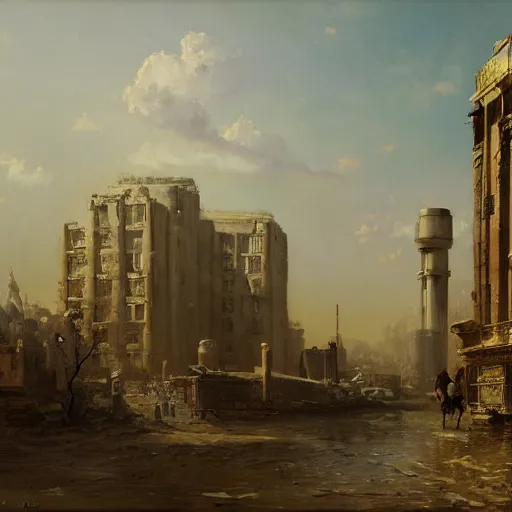 Prompt: painting of a scifi ancient civilzation victorian, brutalist architecture, beon signs, andreas achenbach