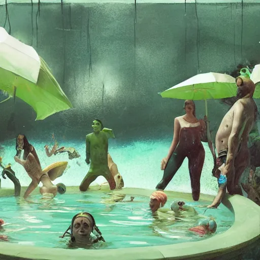 Prompt: people looking scared at a pool full of green mud , artwork by Sergey Kolesov, detailed, dynamic, cinematic composition