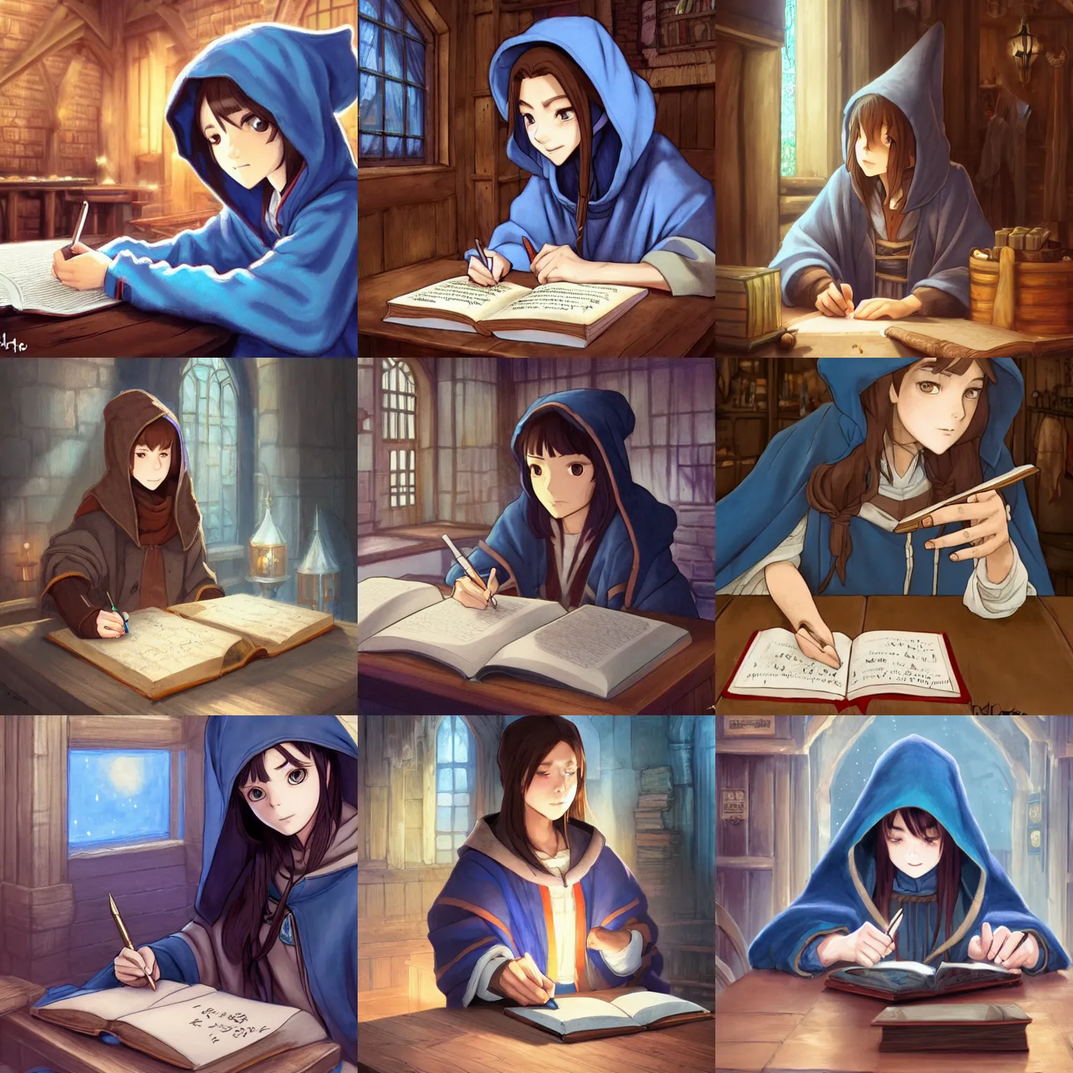 Prompt: a female wizard with brown hair wearing a blue hood and blue robe sitting at a wooden table writing in a large book in a medieval inn, ambient lighting, highly detailed, digital painting, trending on pixiv fanbox, studio ghibli, extremely high quality artwork, art by ross tran and artgerm and makoto shinkai