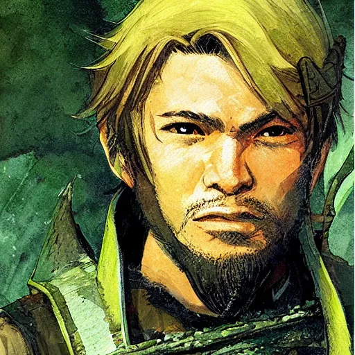 Image similar to a medieval hunter man with japanese ethnicity and stubble, chartreuse color scheme, fantasy character portrait by craig mullins