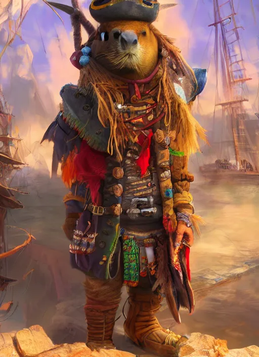Image similar to detailed full body concept art illustration matte painting of a cute anthropomorphic capybara as a pirate in full intricate colorful clothing, ultra detailed, digital art, octane render, 8K, dystopian, biomutant, micro details
