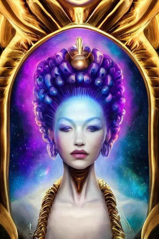 Image similar to Beautiful Alien queen, galaxy crown, artgerm, portrait, realistic photo by Yaşar VURDEM , ArtStation, disney colors, artstation, character concept art. symmetrical, epic composition, golden ratio, rule of thirds highly detailed, intricate, ,award winning artwork, trending on artstation, high quality printing, fine art with subtle redshift rendering