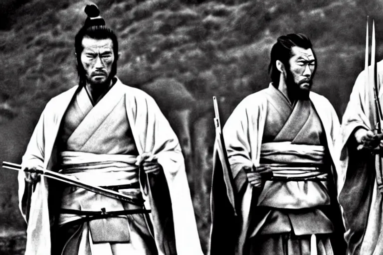 Image similar to clint eastwood and toshiro mifune as a ronin samurai brothers, in robes, in the movie seven samurai ( 1 9 5 4 ). grainy movie still, high detail