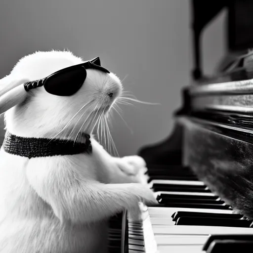 Prompt: a blind rabbit with sunglasses with vegetables plays the piano in the style of ray charles. award winning photography, 5 0 mm.