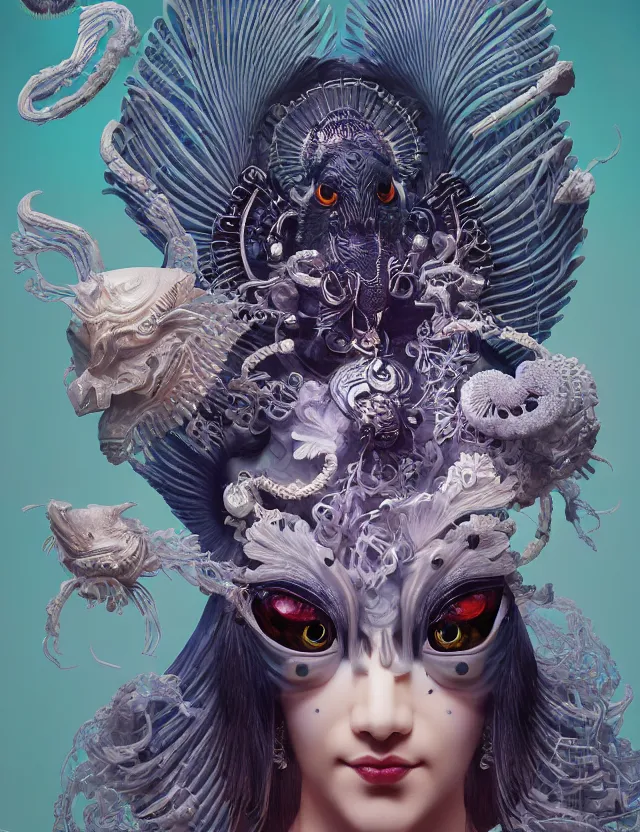 Image similar to 3 d goddess close - up frontal portrait with ram skull. beautiful intricately detailed japanese crow kitsune mask and clasical japanese kimono. betta fish, jellyfish phoenix, bio luminescent, plasma, ice, water, wind, creature, artwork by tooth wu and wlop and beeple and greg rutkowski