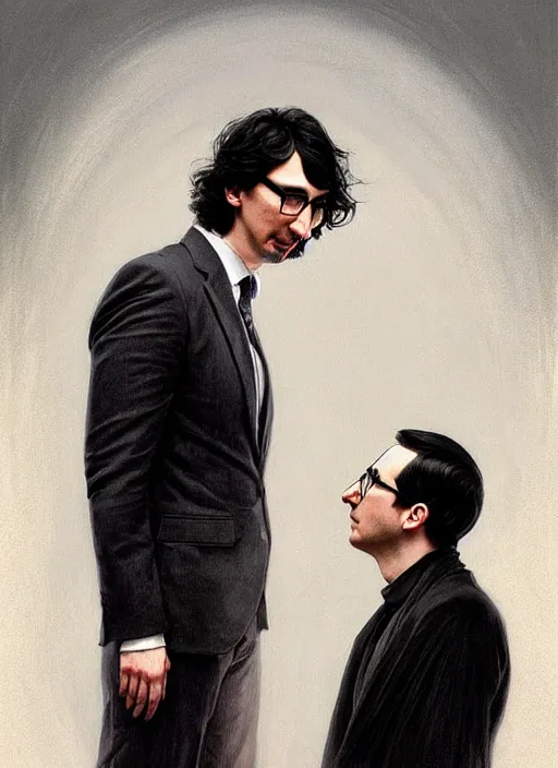 Image similar to painting of both john oliver and adam driver together, john oliver in front, full body, elegant, beautiful, highly detailed, centered, dark, smokey, digital painting, concept art, smooth, sharp focus, illustration, deviant art, art by artgerm, art by greg rutkowski, art by alphonse mucha