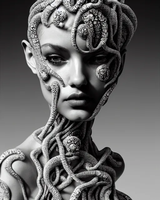 Image similar to surreal mythical dreamy artistic black and white fine art photo of a beautiful young female medusa - cyborg covered with fish scales and algae, highly detailed, intricate crystal ivy jelly fish scales ornate, poetic, octane render, 8 k, photo - realistic