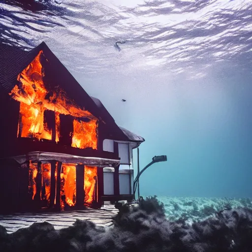 Image similar to photo of a burning house underwater, cinematic