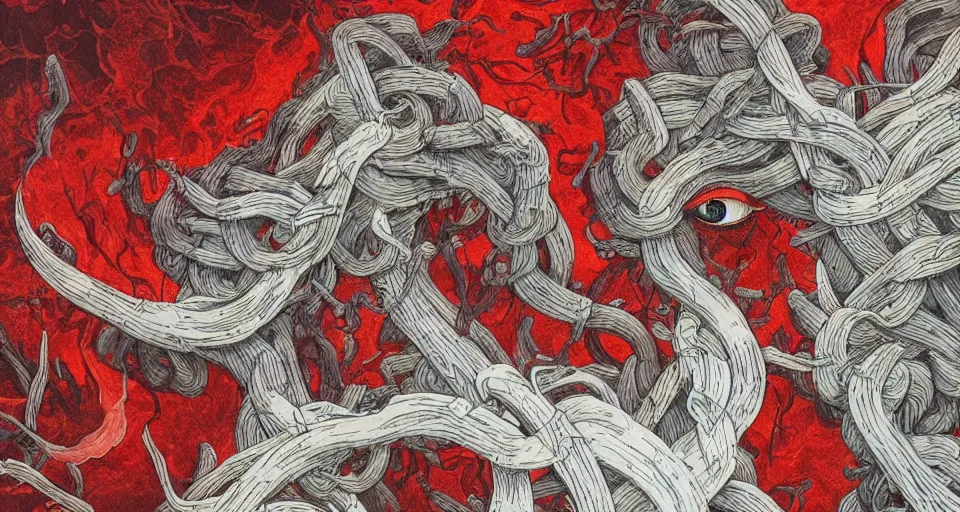 Prompt: a volcano made of ivory vines and crimson rocks enters in eruption, it spits a smoke in the shape of demonic eye, by james jean,