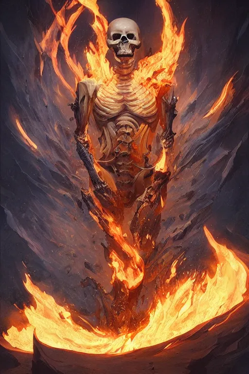 Image similar to skeleton burning in yellow flame spell scroll art by artgerm and greg rutkowski and Craig Mullins, James Jean, Andrey Ryabovichev, Mark Simonetti and Peter Morbacher 16k