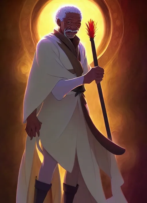 Image similar to elegant fantasy wizard based on morgan freeman holding a broom natural lighting, path traced, highly detailed, high quality, digital painting, by don bluth and ross tran and studio ghibli and alphonse mucha, artgerm