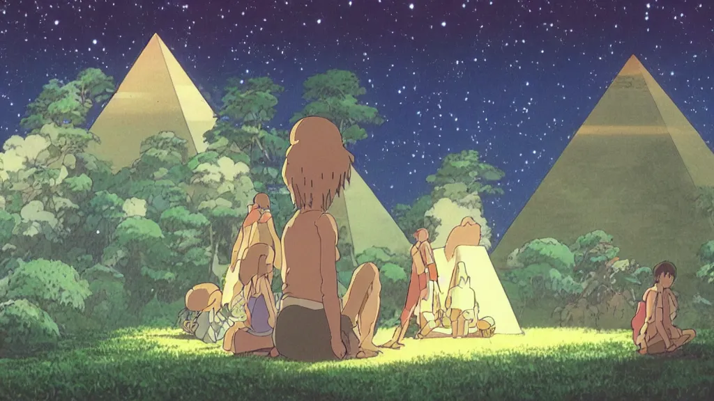 Image similar to a movie still from a studio ghibli film showing a glowing pyramid in the rainforest. a group of giant aliens meditate outside on a misty and starry night. by studio ghibli