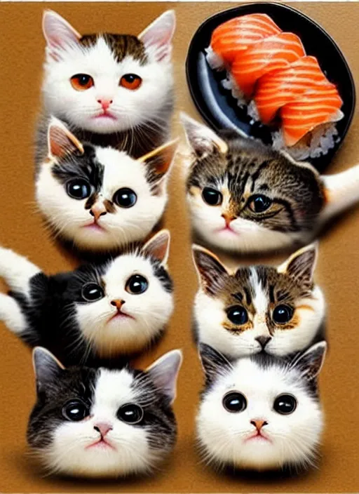 Image similar to clear photorealistic picture of adorable cats made out of sushi