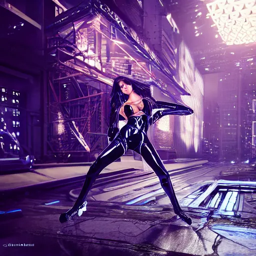 Image similar to full body pose, hyperrealistic photograph of victoria secret model cyberpunkl, dim volumetric lighting, 8 k, octane beautifully detailed render, extremely hyper detailed, intricate, epic composition, cinematic lighting, masterpiece, trending on artstation, very very detailed, stunning, hdr, smooth, sharp focus, high resolution, award, winning photo, dslr, 5 0 mm