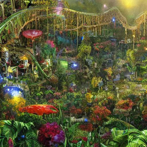 Image similar to panoramic view of a jungle of flowers and vines growing over great heaps of chrome machinery and rusty weapons in puddles of glistening oil artists tram pararam and doctor seuss with beryl cook and hr giger neon high contrast cinematic light, mystical shadows, sharp focus, warhammer fourty k, octane render