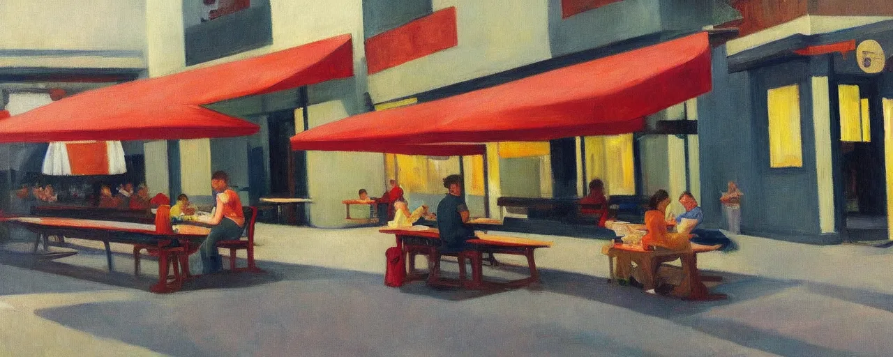 Image similar to an edward hopper - style painting of a hungarian young generation z person sitting on a table bench eating a meal outside at mcdonald's in gyor on saturday mid - summer of 2 0 2 2