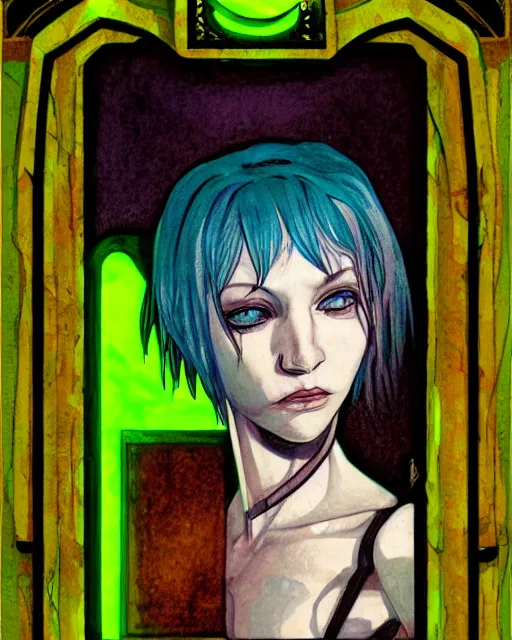 Image similar to blue hair cyborg girl with pale skin in a gloomy hotel room with green neon lights. portrait drawing by enki bilal. art nouveau, neo - gothic, gothic, rich deep moody colors