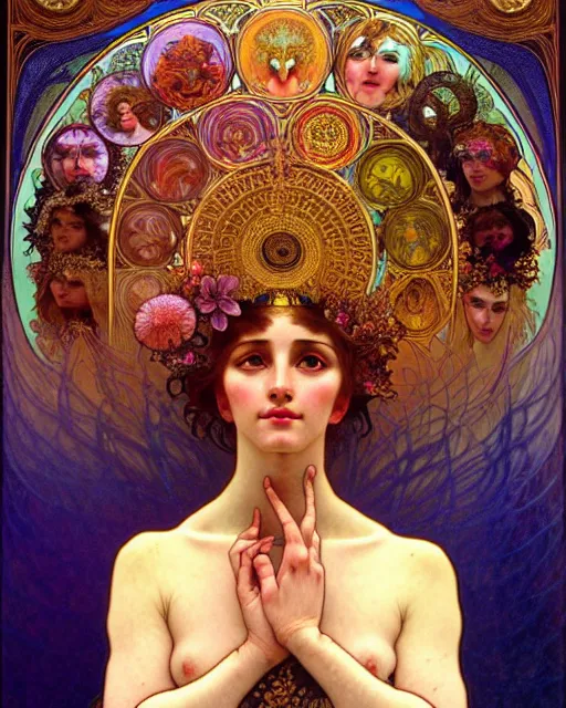 Image similar to goddess of nature, unusual beauty, emotionally evoking symbolic metaphors, head in focus, fantasy, ornamental, intricate, elegant, sensual, highly detailed digital painting, artstation, concept art, painterly, golden ratio, sharp focus, illustration, art by Alphonse Mucha and Zdzisław Beksiński,