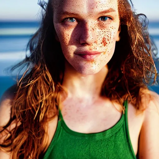 Image similar to A cute young woman, long shiny bronze brown hair, green eyes, cute freckles, smug smile, golden hour, beach setting medium shot, mid-shot, photography by Erwin Olaf