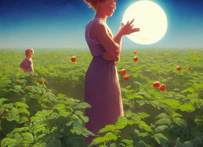 Image similar to gorgeous inspiring girl on the moon caring for tomato plants inside a crater filled with smoke, planet Earth in the sky by Craig Mullins, ilya kuvshinov, krenz cushart, artgerm trending on artstation by Edward Hopper and Dan Mumford and WLOP and Rutkovsky, carl spitzweg and moebius, Unreal Engine 5, Lumen, Nanite