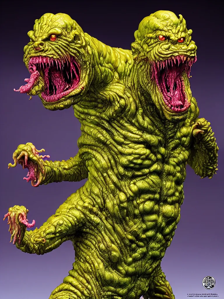 Image similar to hyperrealistic rendering, fat smooth wet cronenberg flesh monster smooth kaiju by art of skinner and richard corben and jeff easley, product photography, action figure, sofubi, studio lighting, colored gels