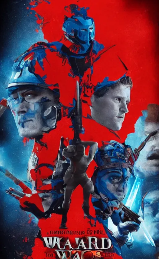 Image similar to a mind - blowing, epic movie poster, depicting a war between red and blue wizards, cinematic