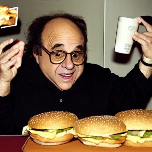 Image similar to Danny DeVito devouring a Big Mac