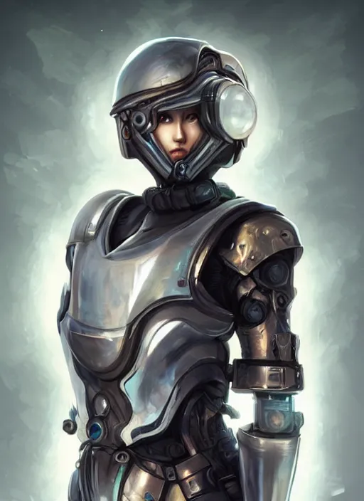 Image similar to of a full body, center frame hyper realistic digital art portrait of a timepunk war cleric in a futuristic pearl armor, tech helmet, dark gloomy environment. trending on artstation, art by lois van baarle by sung choi by john kirby artgerm style pascal blanche