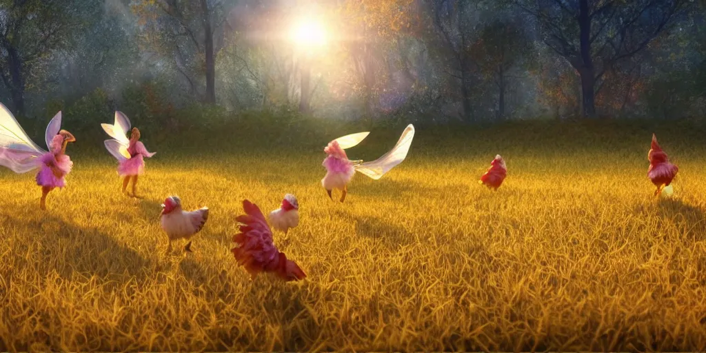 Image similar to magical fairy chickens frolicking in a field, autumn, sparkles, light beams, photorealistic, hyperrealistic, 8 k, trending on artstation