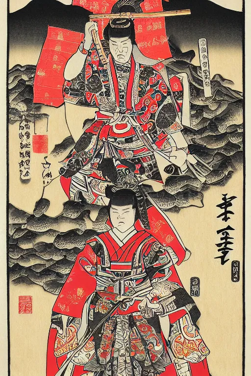 Image similar to an epic detailed political poster of a Japanese samurai in a temple, with Japanese text, in the style of a playing card, modern art, high quality, 4k