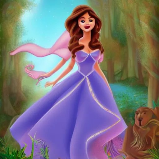 Prompt: selena gomez as disney princess, beautiful high quality artwork