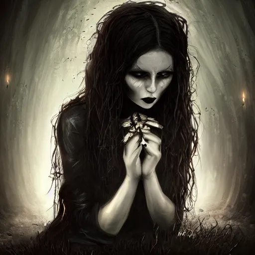 Prompt: portrait photo of a beautiful gothic girl kneeling on the floor, spiders on the floor, dark art, scary lighting, stunning scene, highly detailed, concept art, trending on artstation