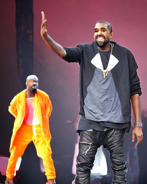 Prompt: kanye rapping on stage but his clothes are ten times too large for him