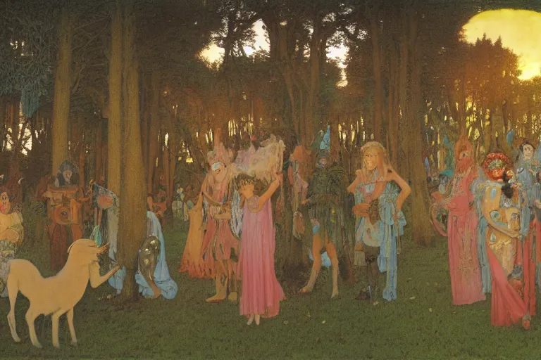 Image similar to autochrome of a midsummernight's dream renaissance forest festival at sunset with masks of wolves and sheep in the style of, jugendstil, alma tadema, vaughn bode and maxfield parrish, maurice sendak and arzach by moebius