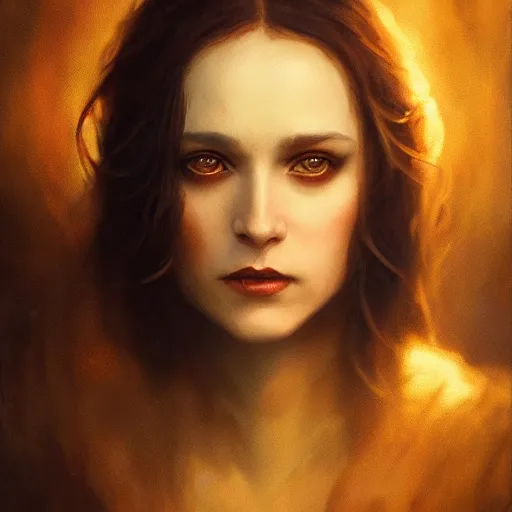 Image similar to majestic gracious regal aristocratic female brunette vampire portrait, atmospheric lighting, painted, menacing, intricate, volumetric lighting, beautiful, rich deep colours masterpiece, golden hour, sharp focus, ultra detailed, by leesha hannigan, ross tran, thierry doizon, kai carpenter, ignacio fernandez rios