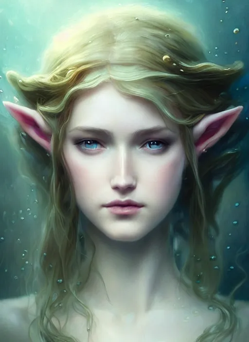 Image similar to beautiful one face portrait of a seductive princess zelda underwater murky light, wind blown hair! dark fantasy esoteric, closeup, d & d, fantasy, intricate, elegant, highly detailed, digital painting, artstation, concept art, matte, sharp focus, illustration, art by artgerm and tom bagshaw and greg rutkowski and alphonse mucha