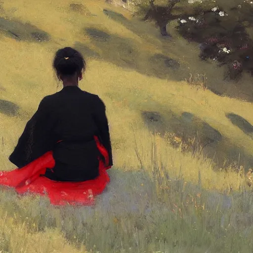 Image similar to black girl with a bun, in a red kimono, backview, sitting on edge of cliff, by jeremy lipking, tim rees, joseph todorovitch
