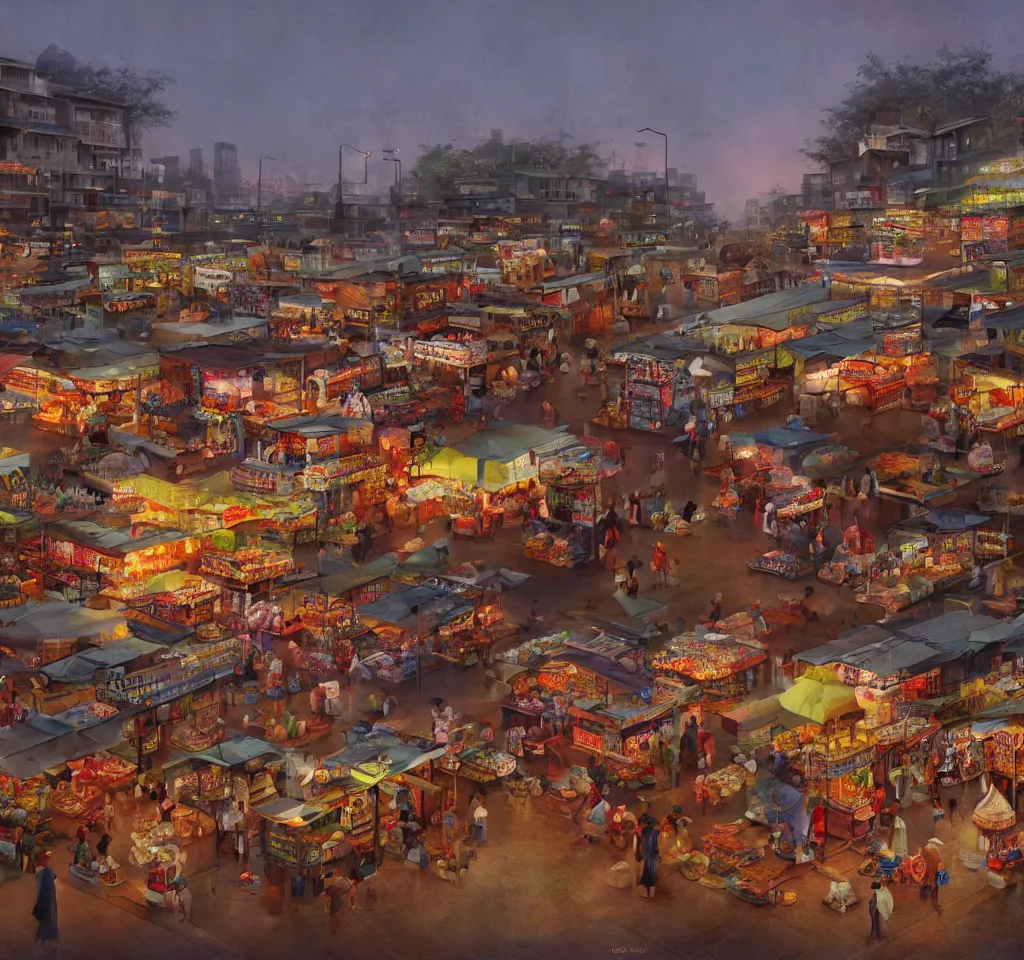 Image similar to an immaculate digital matte painting by Robin White of a placid asian street market scene at dusk.