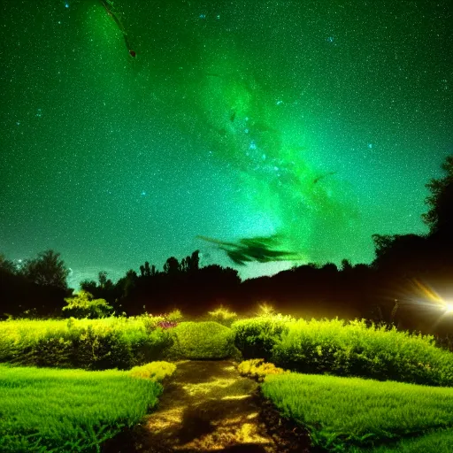 Prompt: beautiful garden lush green, full night sky milky way view hd