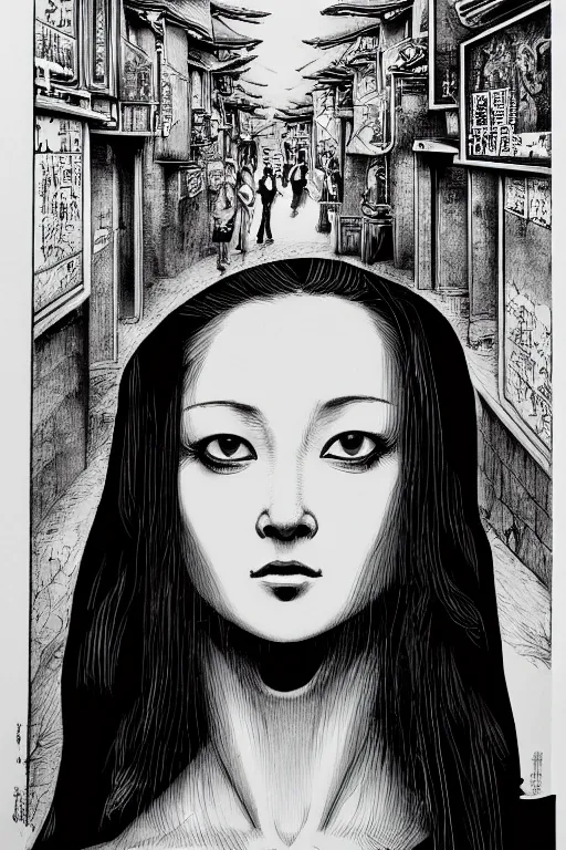 Image similar to beautiful portrait of a woman, negative no not mona lisa pose, highly detailed ink illustration of a dark alley of taipei, b & w clean shaped illustration by kim jung gi, ric estrada, ron english and eiichiro oda