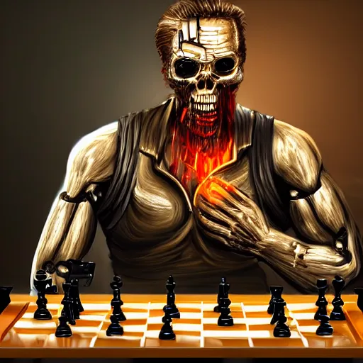 Image similar to apocalyptic, the terminator playing chess and eating cheese. smoke. volumetric lighting, sharp focus, ultra detailed, cgsociety - w 1 0 2 4 - n 8 - i