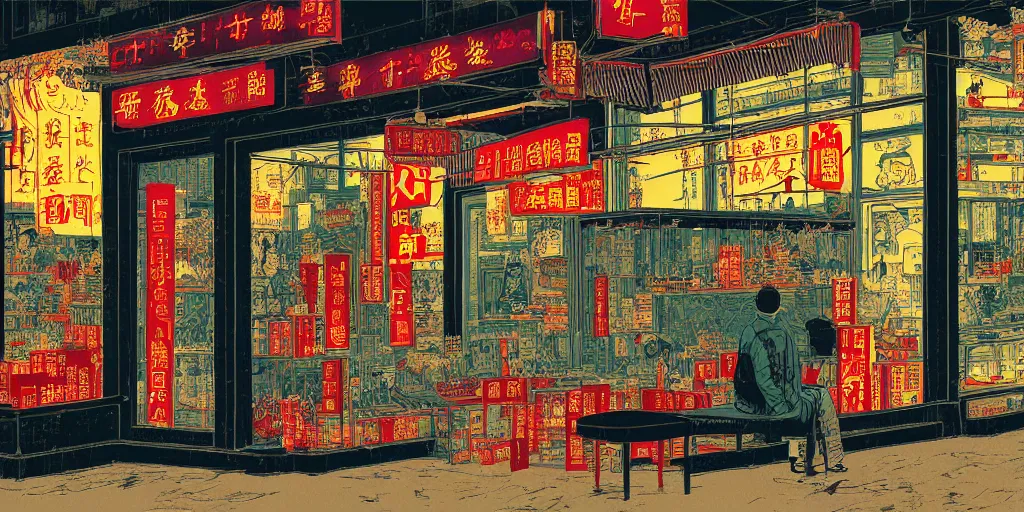 Image similar to a shop window in hong kong, by dan mumford and peter doig and edward hopper, minimal, black ink, thick lines, highly detailed, muted colours, overlaid with chinese adverts, 8 k