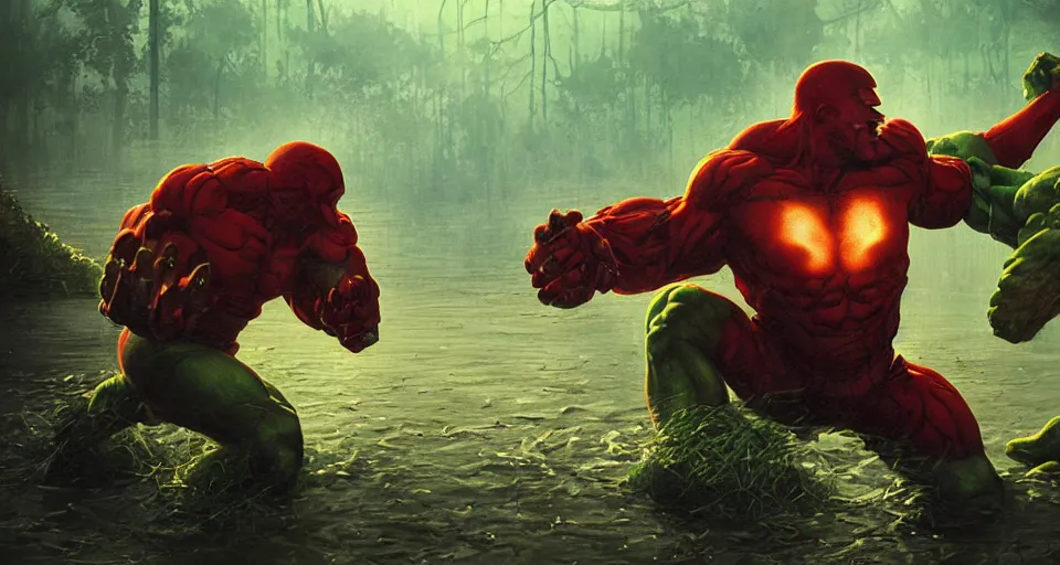 Image similar to Marvel Comics The Psycho Juggernaut Battles The Biomechanical Hulk In A Misty Swamp, bats, sunset, volumetric lighting, hyperrealistic, beautiful details, HDR, octane render, action shot, wide angle, bokeh, Yasushi Niarasawa Moebius Jim Steranko Style