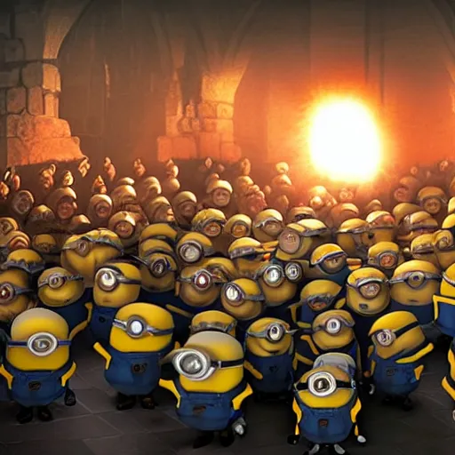 Prompt: POV of a dozen minions chasing you angrily. The minions are carrying torches and pitchforks. The minions are angry. concept art, sharp lighting, 4k, detailed, Peter Jackson, Ridley Scott, bright colors