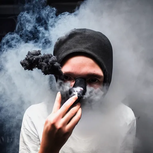 Image similar to a portrait of a teenager wearing a black balaclava in a tear gas cloud, facing camera, smoke, riot, photojournalism, f 2, nikon, studio portrait, haze, volumetric lighting, eerie